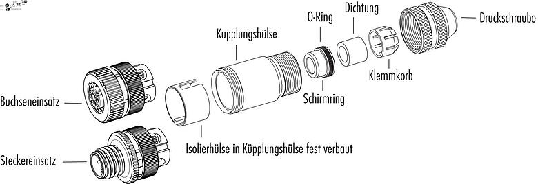 Einzelteildarstellung M12 Kabeldose, Polzahl: 8, 4,0-6,0 mm, schirmbar, schraubklemm, IP67, mit Schirmring