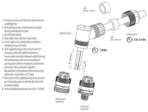 Instructions de montage M12 Connecteur mâle coudé, Contacts: 4+FE, 8,0-13,0 mm, non blindé, pince à visser, IP67, UL 2238, M12x1,0, pour l'alimentation électrique