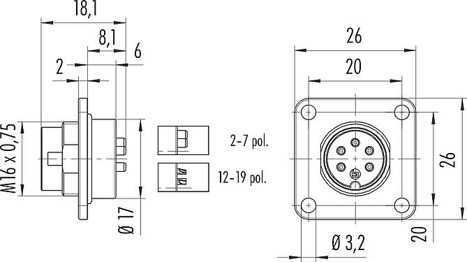 Scale drawing M16 Square male panel mount connector, Contacts: 7 (07-a), unshielded, solder, IP67, UL 2238, M3 (4x), Front mounting