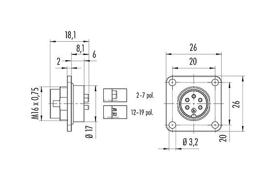 Maßzeichnung M16 Vierkant-Flanschstecker, Polzahl: 5 (05-a), ungeschirmt, löten, IP67, UL 2238, M3 (4x), Frontmontage