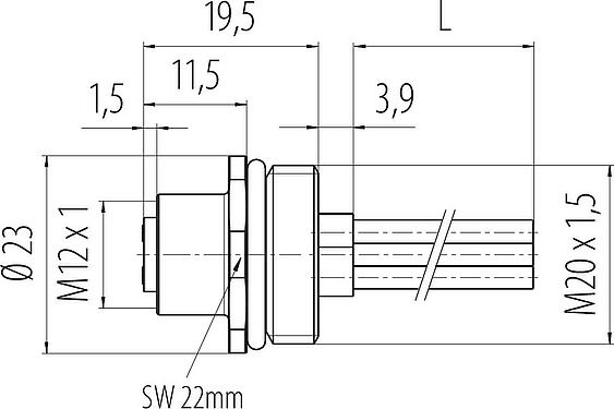 Dessin coté M12 Embase femelle, Contacts: 4, non blindé, fils, IP68, UL 2238, M20x1,5, Montage frontal, coulé