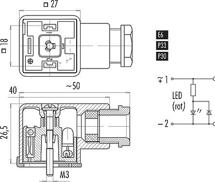 Kosketinten liitäntäkaavio Laitepistorasia, Napojen määrä: 2+PE, 6,0-8,0 mm, suojaamaton, ruuviliitin, IP40 ilman tiiviste, PG 11, Piiri E6, LED PNP:llä