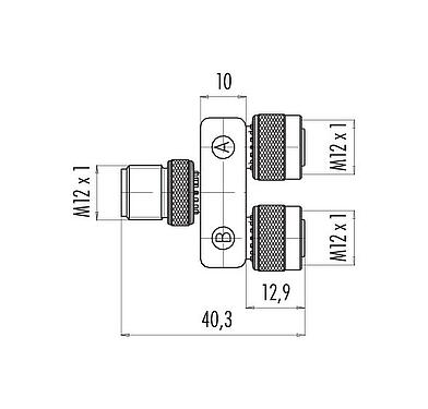 Maßzeichnung M12 Zweifachverteiler, Y-Verteiler, Stecker - 2 Dosen, Polzahl: 5, ungeschirmt, steckbar, IP68, UL 2238