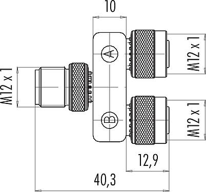 Scale drawing M12 Twin distributors, Y-distributor, male connector - 2 female connector, Contacts: 4, unshielded, pluggable, IP68, UL 2238