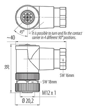 Disegno in scala M12 Connettore angolare femmin, Numero poli: 5, 6,0-8,0 mm, non schermato, morsetto a vite, IP67, UL 2238, PG 9