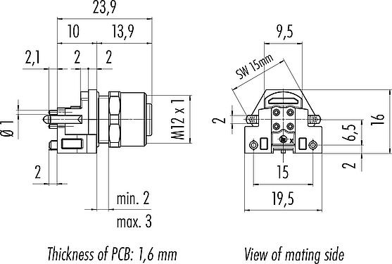 Méretarányos rajz M12 panelre szerelhető foglalat, : 4, árnyékolható, THR, IP68, UL 2238, M12x1,0, elülső rögzítés, PCB szereléshez