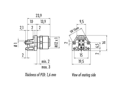 Méretarányos rajz M12 panelre szerelhető foglalat, : 4, árnyékolható, THR, IP68, UL 2238, M12x1,0, elülső rögzítés, PCB szereléshez