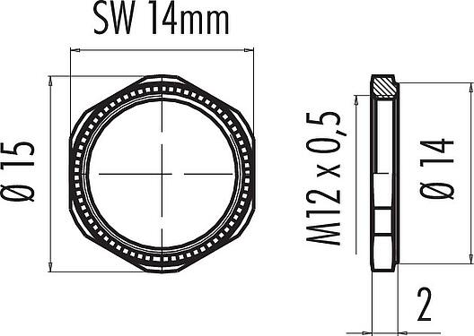 Dessin coté 01 0013 001 - M9 IP67 - Écrou hexagonal avec molette de 2 mm