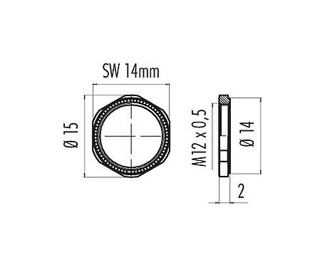Dibujo a escala 01 0013 001 - M9 IP67 - Tuerca hexagonal con moleteado de 2mm