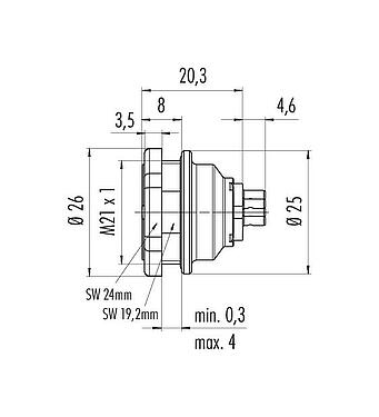 Maßzeichnung Push Pull Flanschstecker, Polzahl: 4, schirmbar, löten, IP67, M21x1,0, Rückwandmontage
