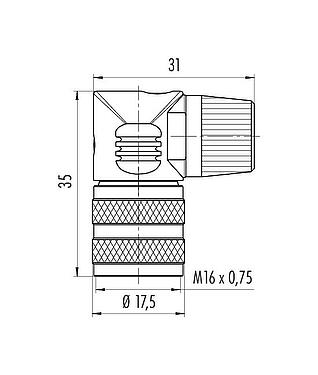 Rysunek z wymiarami M16 Zeńskie złącze kablowe kątowe, Kontaktów: 24, 6,0-8,0 mm, nieekranowany, lutowanie, IP40