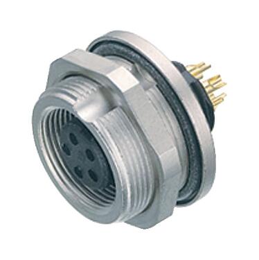 Illustration M9 Female panel mount connector, Contacts: 2, unshielded, solder, IP67, M12x0.5, Rear mounting