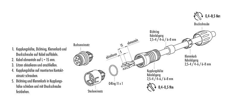 Montageanleitung Snap-In Kabelstecker, Polzahl: 3, 4,0-6,0 mm, ungeschirmt, löten, IP67