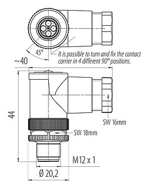 Disegno in scala M12 Connettore angolare maschio, Numero poli: 4, 6,0-8,0 mm, non schermato, crimpare (I contatti a crimpare devono essere ordinati separatamente), IP67, UL 2238