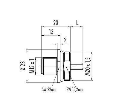 比例圖 M12 針頭法蘭座, : 4, 非遮罩, 帶導線, IP67, UL 2238, M20x1.5, 板前安裝