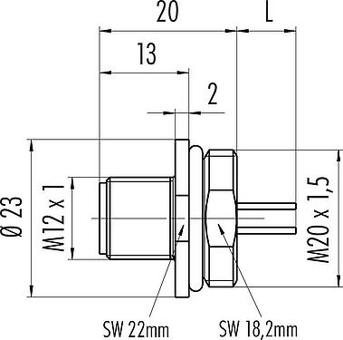 Scale drawing M12 Male panel mount connector, Contacts: 4, unshielded, single wires, IP67, UL 2238, M20x1.5, Front mounting
