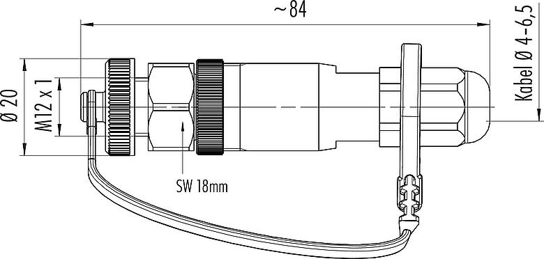 Maßzeichnung M12 Kabeldose, Polzahl: 4, 4,0-6,5 mm, ungeschirmt, schraubklemm, IP68/IP69K, für Outdoor Anwendungen, UV-Beständig