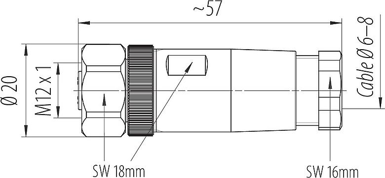 比例图 M12 直头孔头电缆连接器, 极数: 4, 6.0-8.0mm, 非屏蔽, 螺钉接线, IP67, 不锈钢