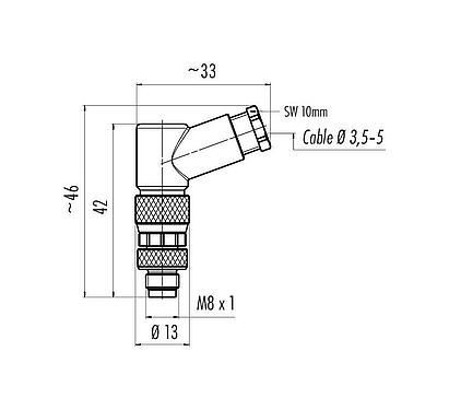縮尺図 M8 オスアングルコネクタ, 極数: 3, 3.5-5.0mm, 非シールド, ねじ圧着, IP67, UL 2238