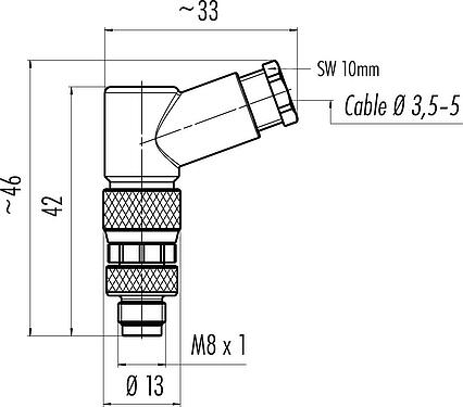 縮尺図 M8 オスアングルコネクタ, 極数: 4, 3.5-5.0mm, 非シールド, ねじ圧着, IP67, UL 2238