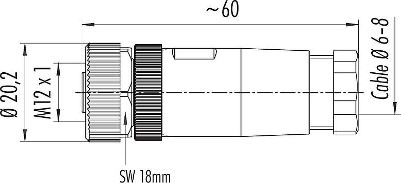 Disegno in scala M12 Connettore cavo femmina, Numero poli: 3+PE, 6,0-8,0 mm, non schermato, morsetto a vite, IP67, UL 2238, VDE