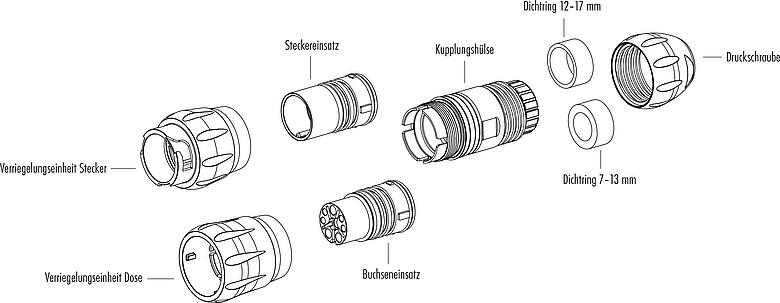 Einzelteildarstellung Bajonett Kabelstecker, Polzahl: 4+PE, 7,0-17,0 mm, ungeschirmt, crimpen (Crimpkontakte müssen separat bestellt werden), IP68/IP69K, UL 2238, VDE, UV-Beständig
