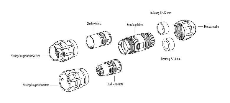 Einzelteildarstellung Bajonett Kabelstecker, Polzahl: 4+3+PE, 7,0-17,0 mm, ungeschirmt, crimpen (Crimpkontakte müssen separat bestellt werden), IP68/IP69K, UL 2238, VDE, UV-Beständig