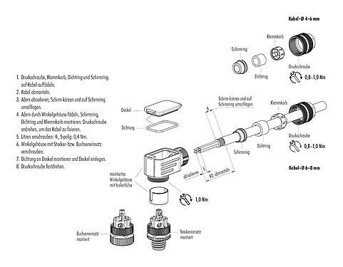 Montageanleitung M12 Winkeldose, Polzahl: 4, 6,0-8,0 mm, schirmbar, schraubklemm, IP67, UL 2238, mit Schirmring