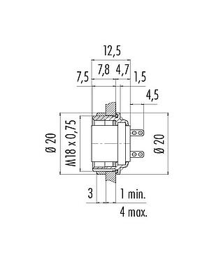 Méretarányos rajz M16 panelre szerelhető foglalat, : 8 (08-a), árnyékolatlan, kézi forrasztású, IP68, UL 2238, AISG konform, M18x0,75, hátsó panel felszerelés