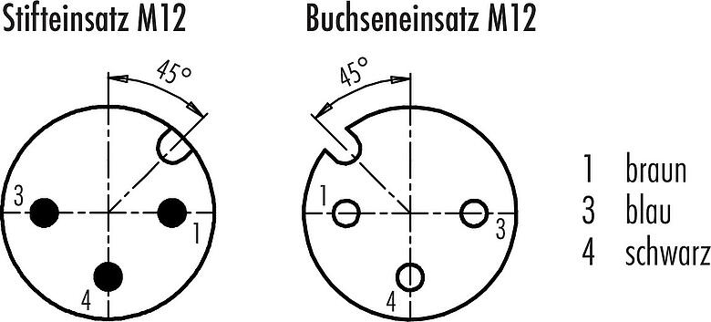Polbild (Steckseite) M12 Verbindungsleitung Kabelstecker - Winkeldose mit LED, Polzahl: 3, ungeschirmt, am Kabel angespritzt, IP68/IP69K, PUR, schwarz, 3 x 0,34 mm², mit LED PNP, 1 m