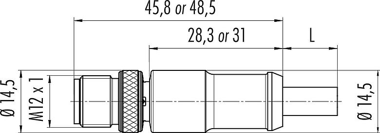 Dibujo a escala M12 Conector de cable macho, Número de contactos: 5, blindado, moldeado en el cable, IP67, UL 2238, PUR, negro, 5 x 0,25 mm², 2 m