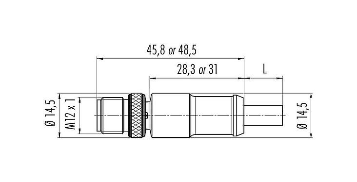 縮尺図 M12 オスコネクタケーブル, 極数: 3, シールド, モールドケーブル付き, IP67, UL 2238, PUR, 黒, 3x0.34mm², 5m