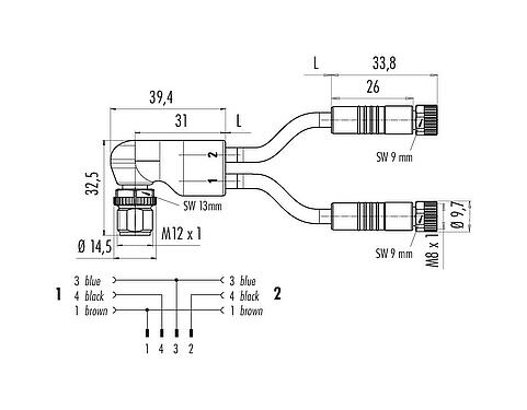 Scale drawing M12/M8 Male angled cable splitter - 2 female cable connectors, Contacts: 4/3, unshielded, moulded on the cable, IP67, UL 2238, PUR, black, 3 x 0.34 mm², 1 m