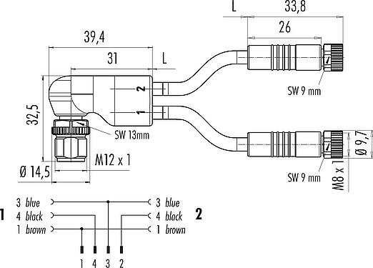 Scale drawing M12/M8 Male angled cable splitter - 2 female cable connectors, Contacts: 4/3, unshielded, moulded on the cable, IP67, UL 2238, PUR, black, 3 x 0.34 mm², 1 m