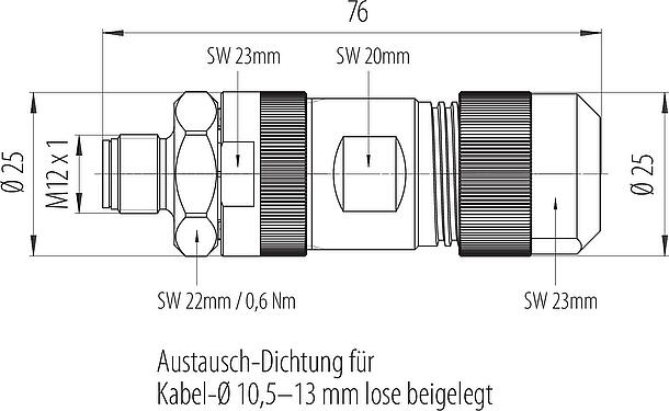 Maßzeichnung M12 Kabelstecker, Polzahl: 5, 8,0-13,0 mm, ungeschirmt, schraubklemm, IP67, M12x1,0, Edelstahl
