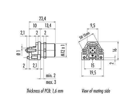 比例圖 M12 針頭法蘭座, : 5, 非遮罩, THR, IP68, UL 2238, M12x1.0, 後壁安裝, 用於PCB組裝