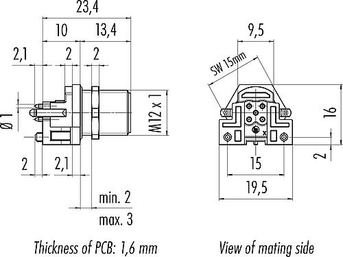 比例图 M12 针头法兰座, 极数: 5, 非屏蔽, THR, IP68, UL 2238, M12x1.0, 後壁安裝, 用于PCB组装