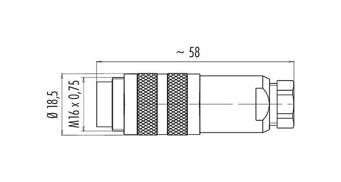 Dibujo a escala M16 Conector de cable macho, Número de contactos: 5 (05-a), 4,0-6,0 mm, blindable, soldadura, IP67, UL 2238