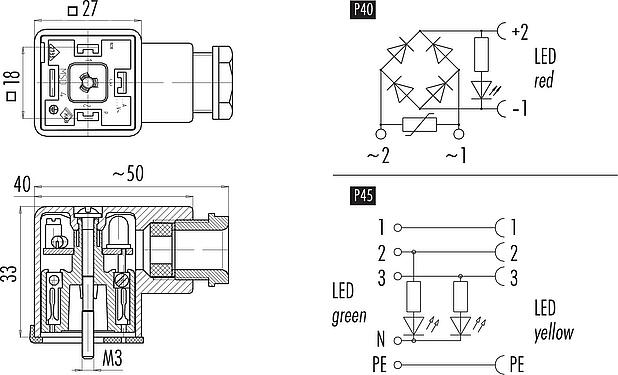 Dessin coté Embase femelle pour appareils, Contacts: 3+PE, 6,0-8,0 mm, non blindé, pince à visser, IP40 sans joint, PG 9, Circuit P45, avec LED, PNP