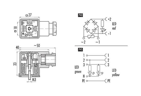 Výkres v měřítku Zásuvka zařízení, : 2+PE, 8,0-10,0 mm, nestíněný, šroubovací svorka, IP40 bez těsnění, PG 11, Obvod P40, s LED PNP