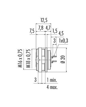 Scale drawing M16 Female panel mount connector, Contacts: 6 (06-a), unshielded, THT, IP67, UL 2238, M18x0,75, Rear mounting