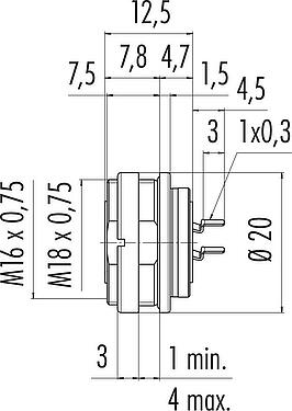 Scale drawing M16 Female panel mount connector, Contacts: 6 (06-a), unshielded, THT, IP67, UL 2238, M18x0,75, Rear mounting