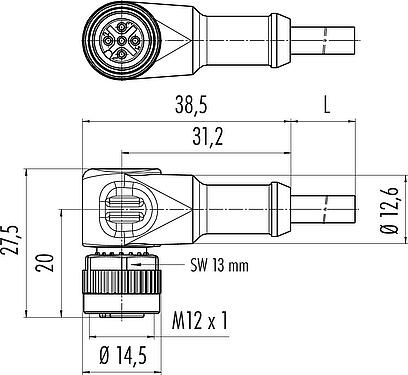 Méretarányos rajz M12 derékszögű aljzat, : 4, árnyékolatlan, kábelre öntött, IP68/IP69K, PUR, fekete, 4 x 0,34 mm², hegesztési alkalmazásokhoz, 5 m