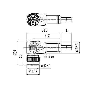 Scale drawing M12 Female angled connector, Contacts: 5, unshielded, moulded on the cable, IP68/IP69K, PUR, black, 5 x 0.34 mm², for welding applications, 5 m