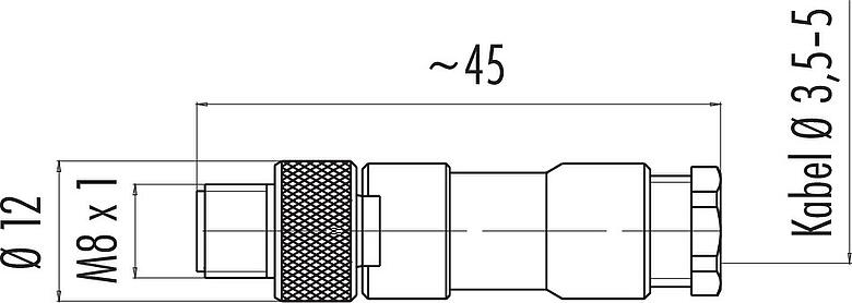 Maßzeichnung M8 Kabelstecker, Polzahl: 3, 3,5-5,0 mm, ungeschirmt, löten, IP67, UL 2238