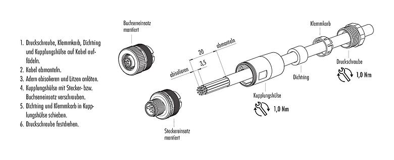 Montageanleitung M12 Kabeldose, Polzahl: 12, 6,0-8,0 mm, ungeschirmt, löten, IP67, UL 2238