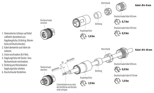 Montageanleitung M12 Kabelstecker, Polzahl: 4, 6,0-8,0 mm, ungeschirmt, schraubklemm, IP67, UL 2238, VDE
