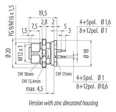 比例圖 M12 孔頭法蘭座, : 12, 非遮罩, THT, IP68, UL 2238, PG 9, 後壁安裝