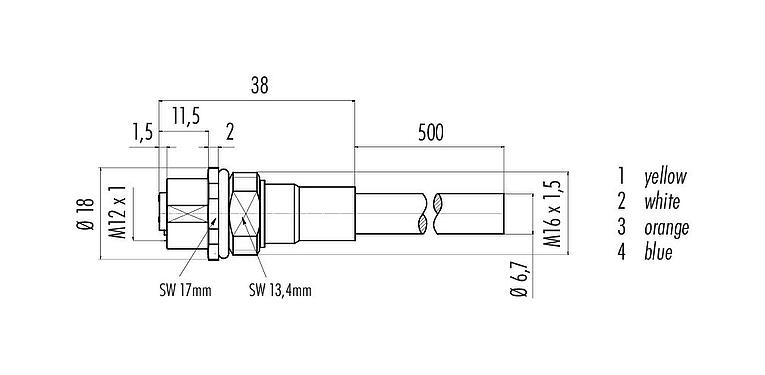 Scale drawing M12 Female panel mount connector, Contacts: 4, shielded, with cable assembled, IP67, UL, M16x1.5, Profinet, PUR, green, 2 x 2 x AWG 22, Front mounting, 0.5 m