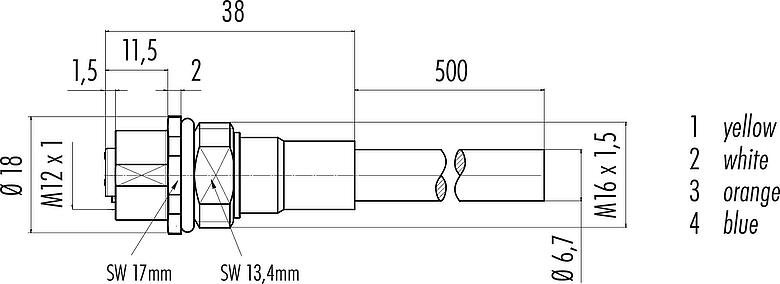 縮尺図 M12 メスパネルマウントコネクタ, 極数: 4, シールド, ケーブル組込時, IP67, UL, M16x1.5, Profinet, PUR, グリーン, 2x2xAWG 22, フロントマウント, 0.5m